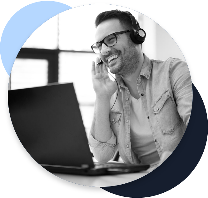 Black and white image of call center worker with headset over light blue and dark blue circles