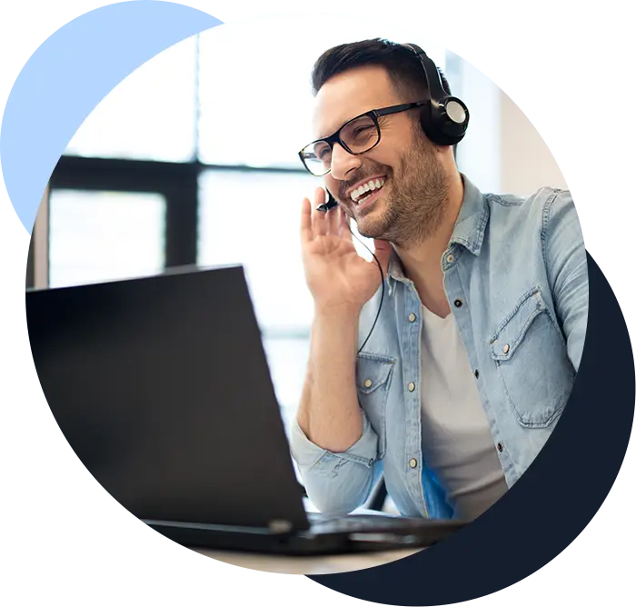 Color image of call center worker with headset over light blue and dark blue circles