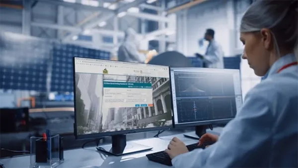 Woman typing on a desktop computer keyboard and looking at the ParkNSave B2B portal