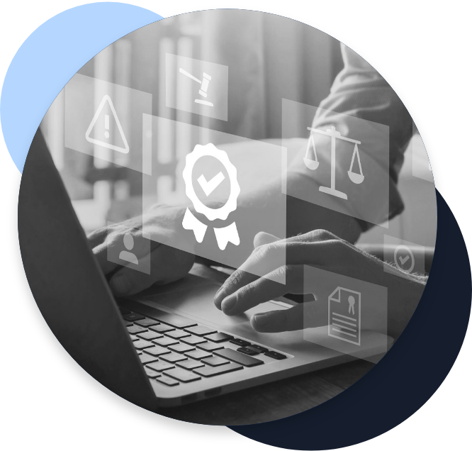 Professional works at laptop computer on desk while graphic representation of a badge and legal symbols to indicate government regulations