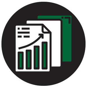 A trio of pages cascading with the top one displaying graphs and data icon