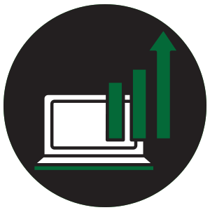 Laptop behind an upward climbing bar graph icon