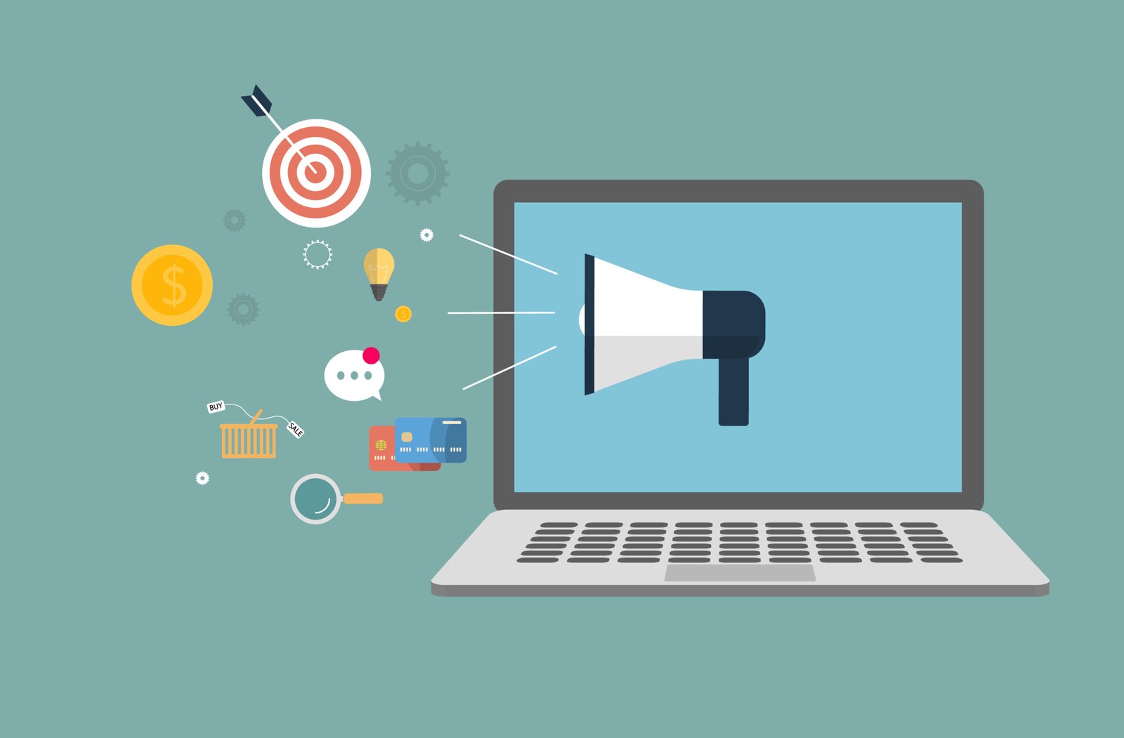 brand voice concept with a megaphone and digital marketing icons