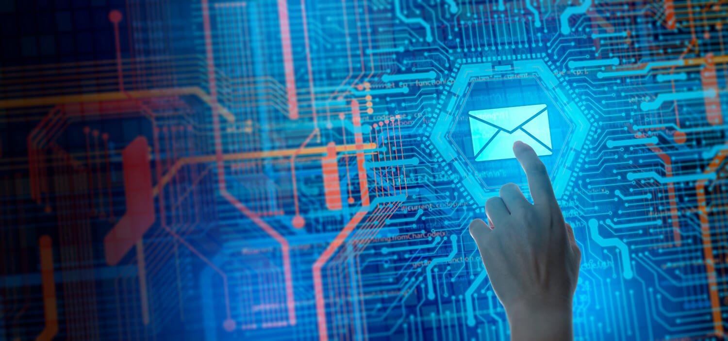 A finger tapping an envelope icon in the middle of lines representing network connections