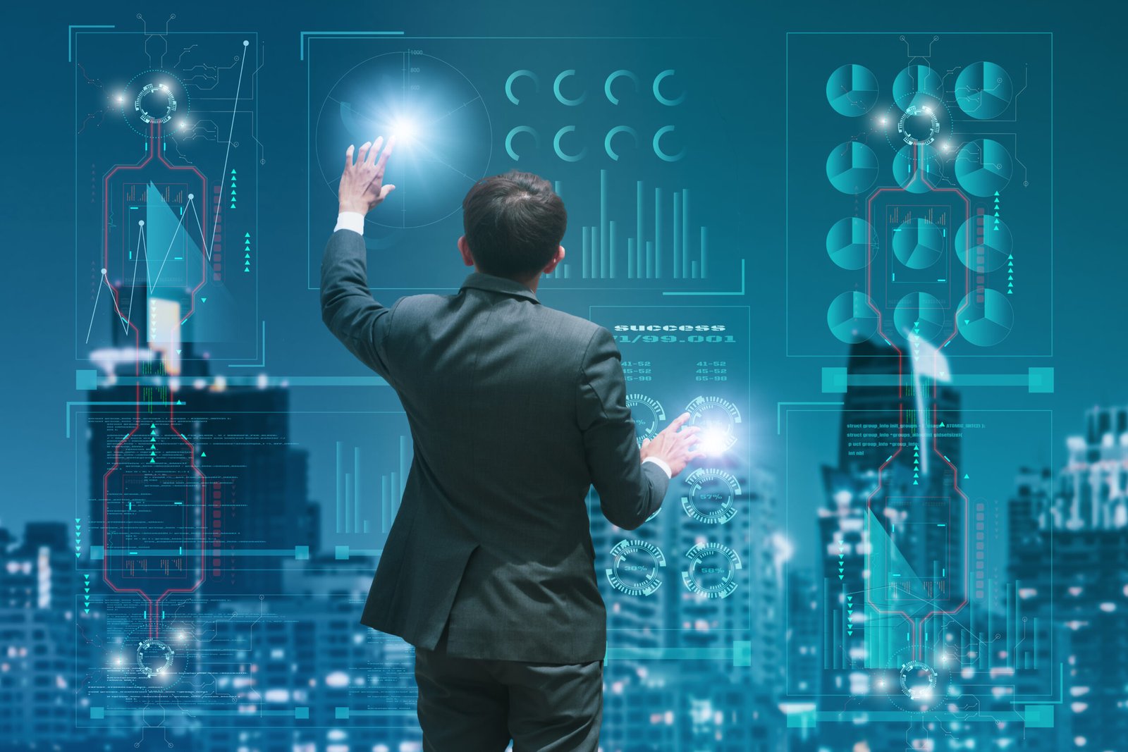 Back,View,Of,Businessman,Working,with,Digital,Virtual,Screen,Data,Analysis,analyzing