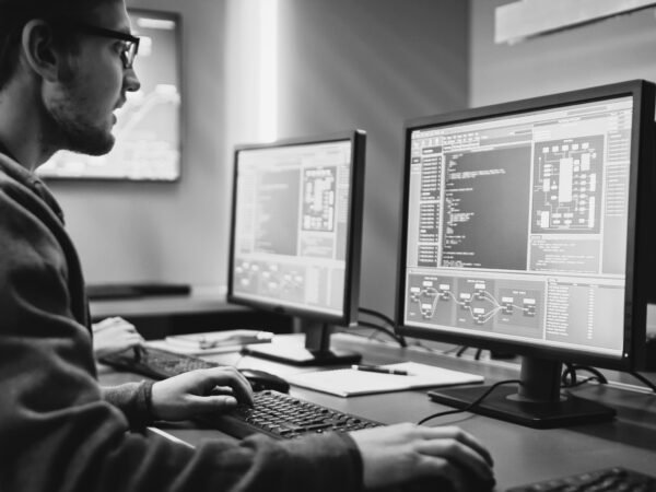 Software developer sitting in front of computer analyzing source code