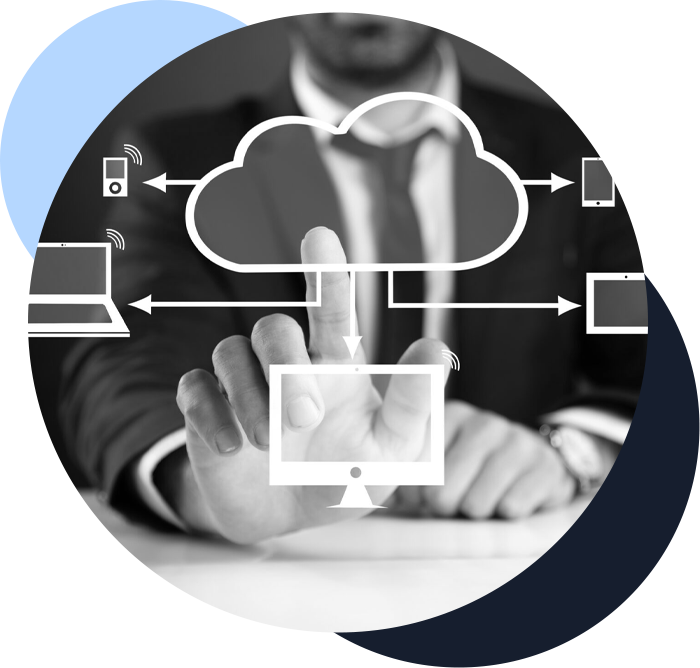 black and white image of professional touches a digital screen conveying cloud documents that are available on multiple devices over light blue and dark blue circles