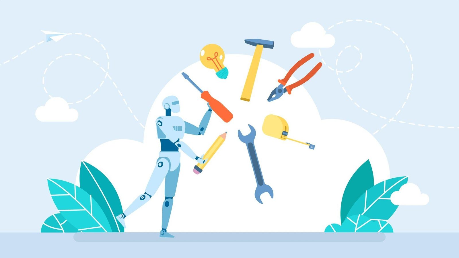 AI robot juggling various AI tools and strategies