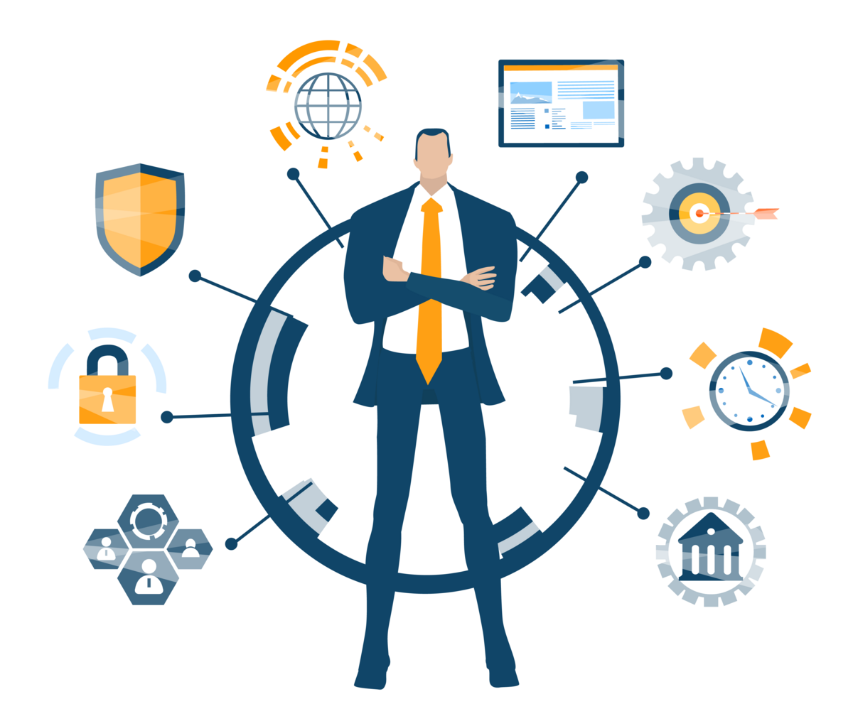 business-leader-standing-at-the-center-of-a-wheel-centralizing-threat-intelligence-aspects-like-system-security-network-security-user-access